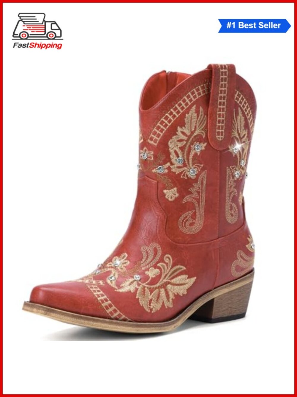 ✨Western Embroidered Ankle Boots with Rhinestone Pointed Toe Chunky Heel Side